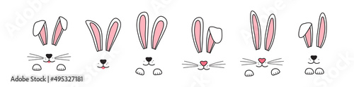 Easter bunny ear vector icon, rabbit headband drawn. Doodle ears and muzzle with whiskers, paws, cute face character. Animal illustration