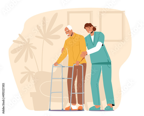 Old People Health Care, Medical Aid Concept. Volunteer or Medic Help to Aged Man with Walking Frame at Nursing House