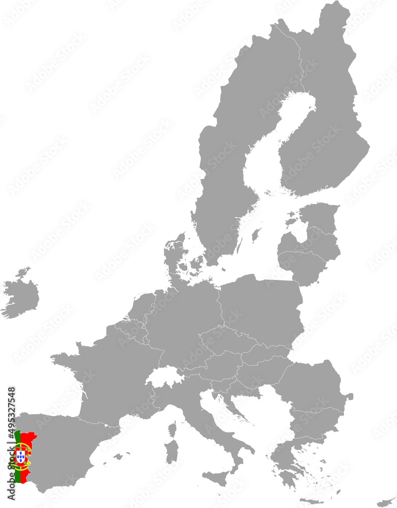 Obraz premium Map of Portugal with national flag within the gray map of European Union countries