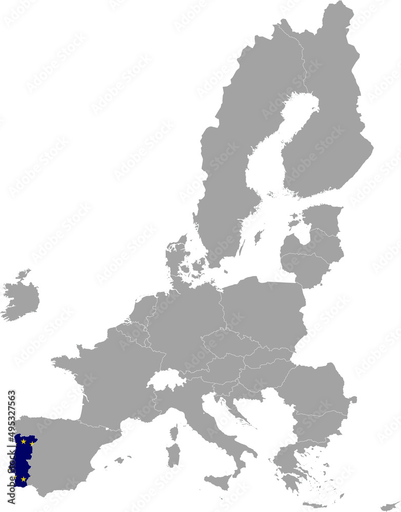 Map of Portugal with European union flag within the gray map of European Union countries