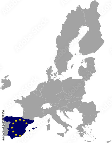 Map of Spain with European union flag within the gray map of European Union countries