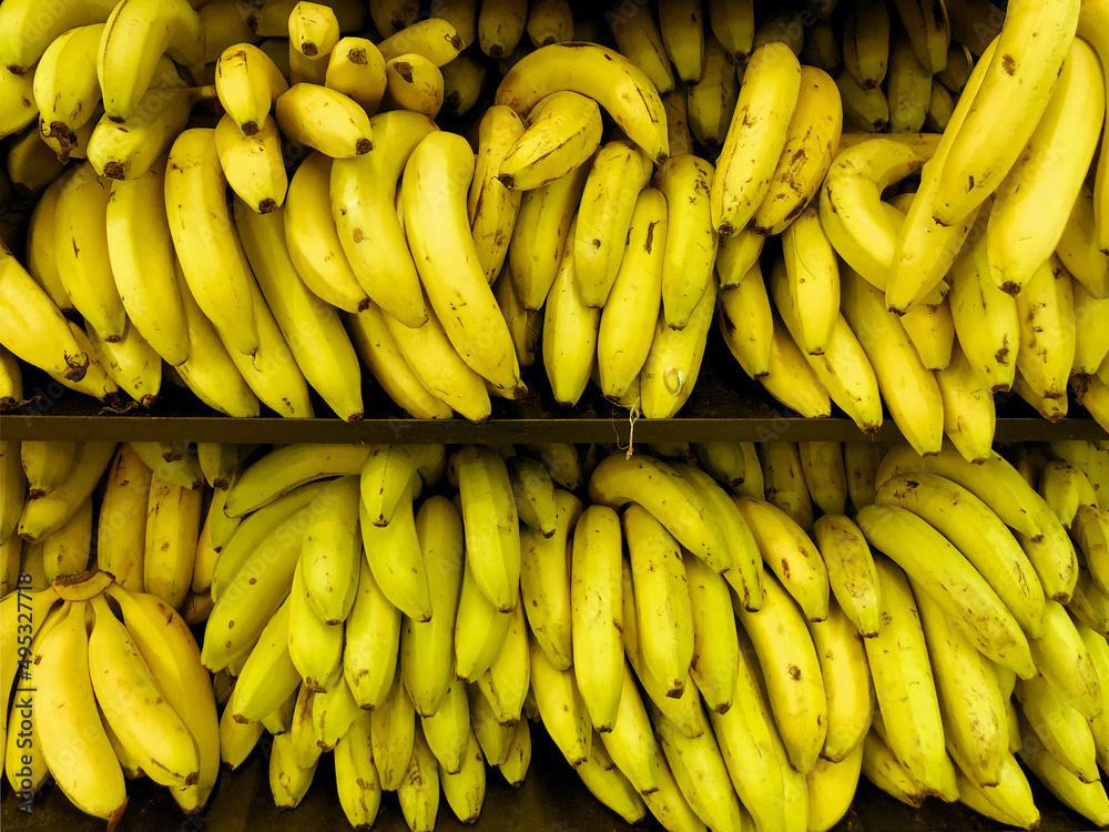 Bananas on the supermarket shelf.