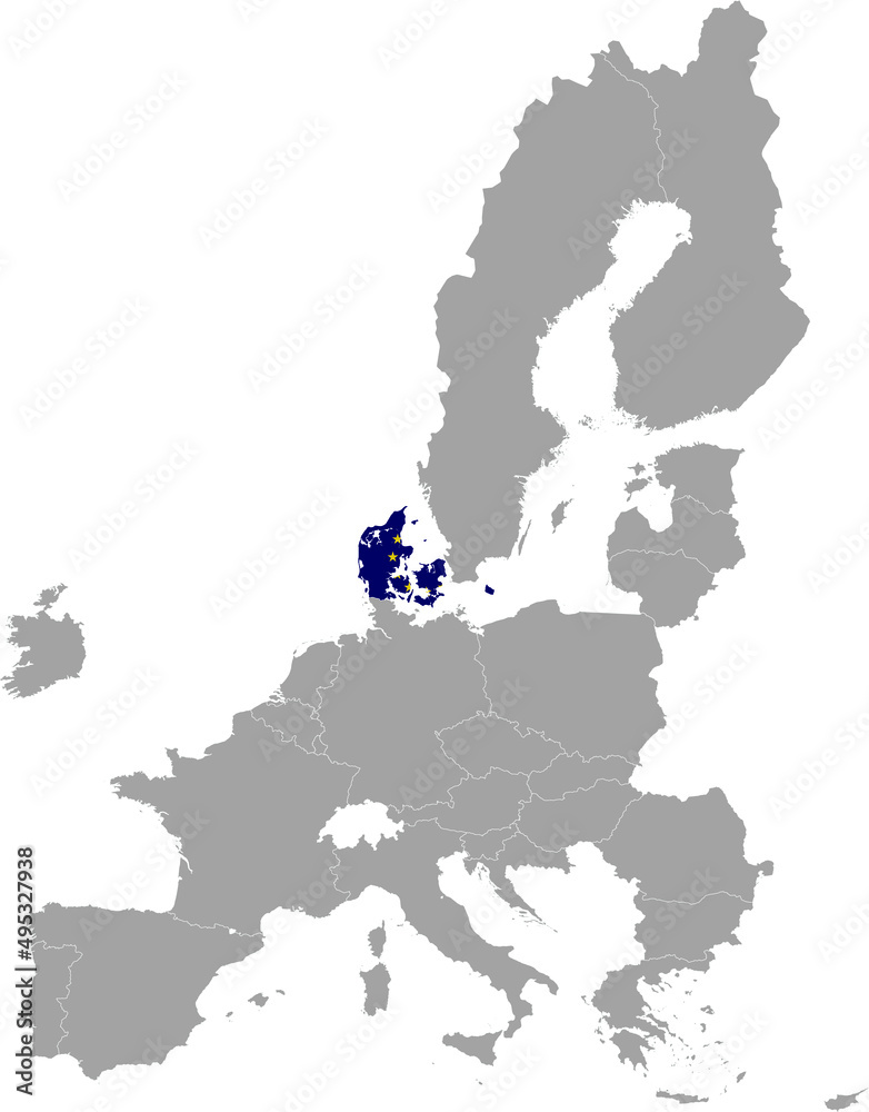 Map of Denmark with European union flag within the gray map of European Union countries