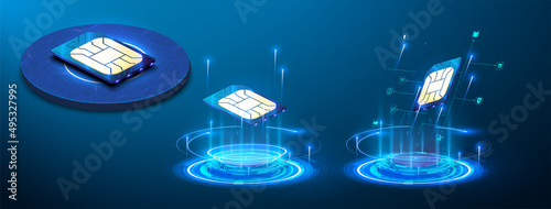 Sign of the sim card chip. Holographic projection. a new modern innovative SIM card. Embedded SIM concept. New mobile communication technology and processor background circuit board. Vector photo