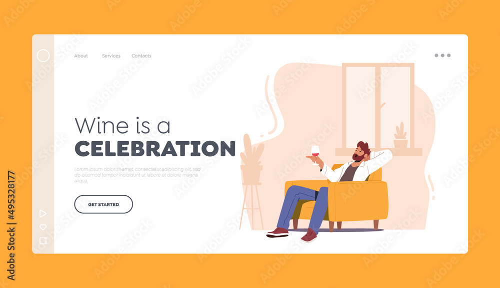 Man Drink Alcohol at Home Landing Page Template. Male Character Sit on Armchair Hold Wineglass in Hand Relax