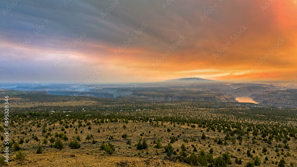Aerial View of the 2020 Lion's Head Fire during sunset in Madras, Oregon
