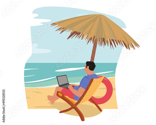 Freelancer or Distant Employee Work on Summer Vacation. Businessman Character in Summer Sit on Daybed under Umbrella