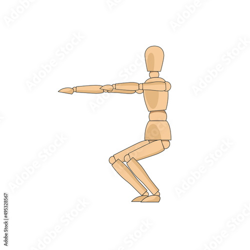 Wooden man model, manikin to draw human body squat pose, sports gym. Mannequin control dummy figure vector simple illustration stock image