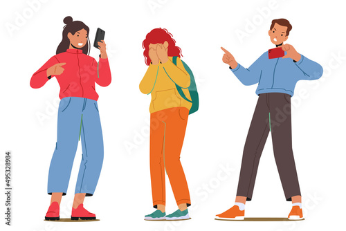 Teenagers Characters Bullying Girl, Laughing and Pointing on her, Record Video on Smartphone. Teens Abuse, Violence