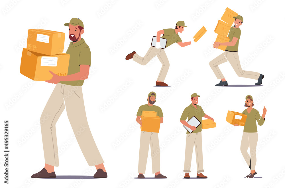 Set of Couriers Male and Female Characters Wear Uniform Carry Carton Boxes. Delivery Men and Women with Invoice Set of Couriers Male and Female Characters Wear Uniform Carry Carton Boxes. Delivery Men and Women with Invoice