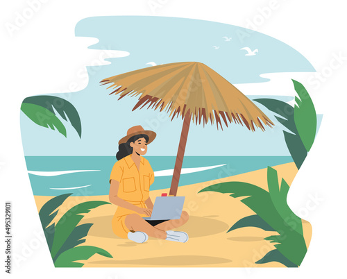 Young Businesswoman Freelancer Character Sit on Beach under Straw Umbrella Work on Laptop on Tropical Island or Resort