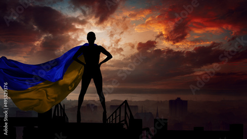 Woman with Ukrainian flag behind her shoulders