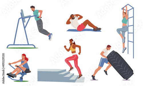 Set People Fitness Training in House Yard. Male Female Characters Exercising with Equipment Doing Workout, Healthy Life