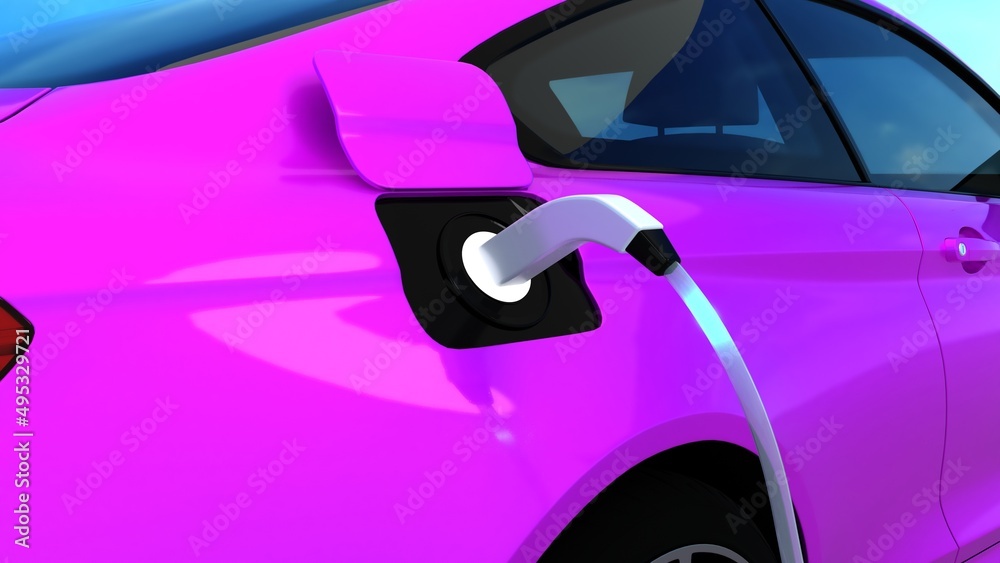 8K ULTRA HD. Electric car silhouette with low battery charging at electric charge station. 3D Rendering. Environmentally friendly sustainable energy concept. Sustainable climate visuals.