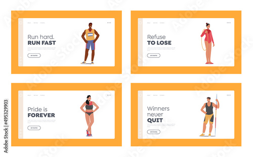 Athletes Landing Page Template. Male and Female Characters Runner, Basketball Player, Gymnast with Hoop, Javelin Thrower