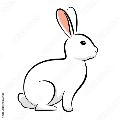 Painting of white rabbit sitting sideways, cartoon style illustration.