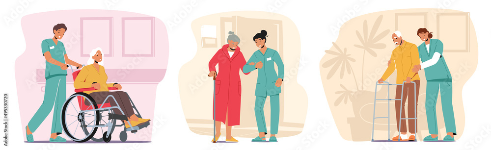 Set Medical Care of Elderly People Concept. Medics Help Old Disabled People in Nursing Home or Clinic, Social Care Set Medical Care of Elderly People Concept. Medics Help Old Disabled People in Nursing Home or Clinic, Social Care