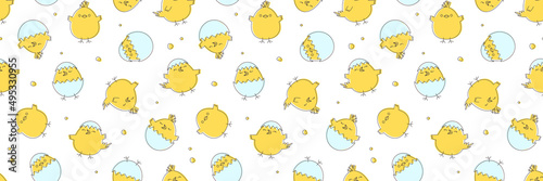 Easter chick vector seamless pattern, cute baby chicken with egg background, cartoon young bird print, happy yellow drawn character. Funny animal illustration
