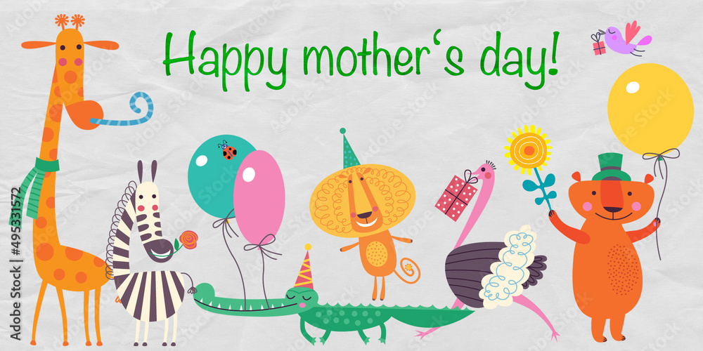 Fototapeta premium funny greeting card with party animals and the message HAPPY MOTHER'S DAY on paper background