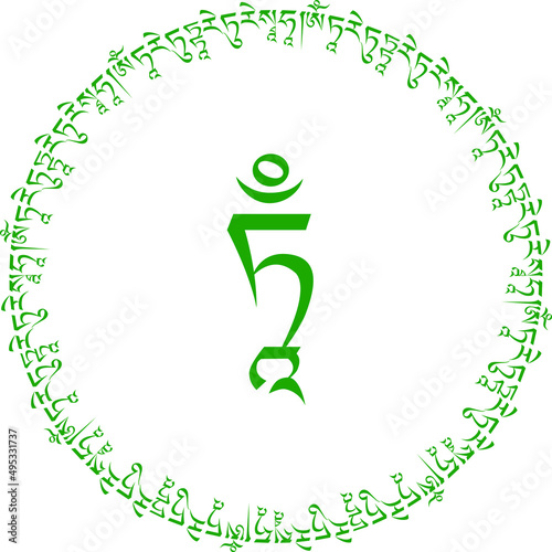 Tibetan syllables green tara mantra Om Tare tuttare ture soha is one of the most  commonly chanted mantras in Tibetan Buddhism, and it means compassion, strength and healing. photo