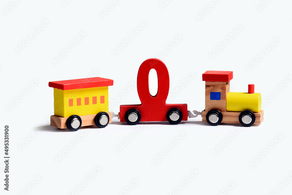 Fototapeta premium Very colorful toy wooden train with the number zero. Birthday celebration love and happiness, performance illustration, online educational toy.Early learning