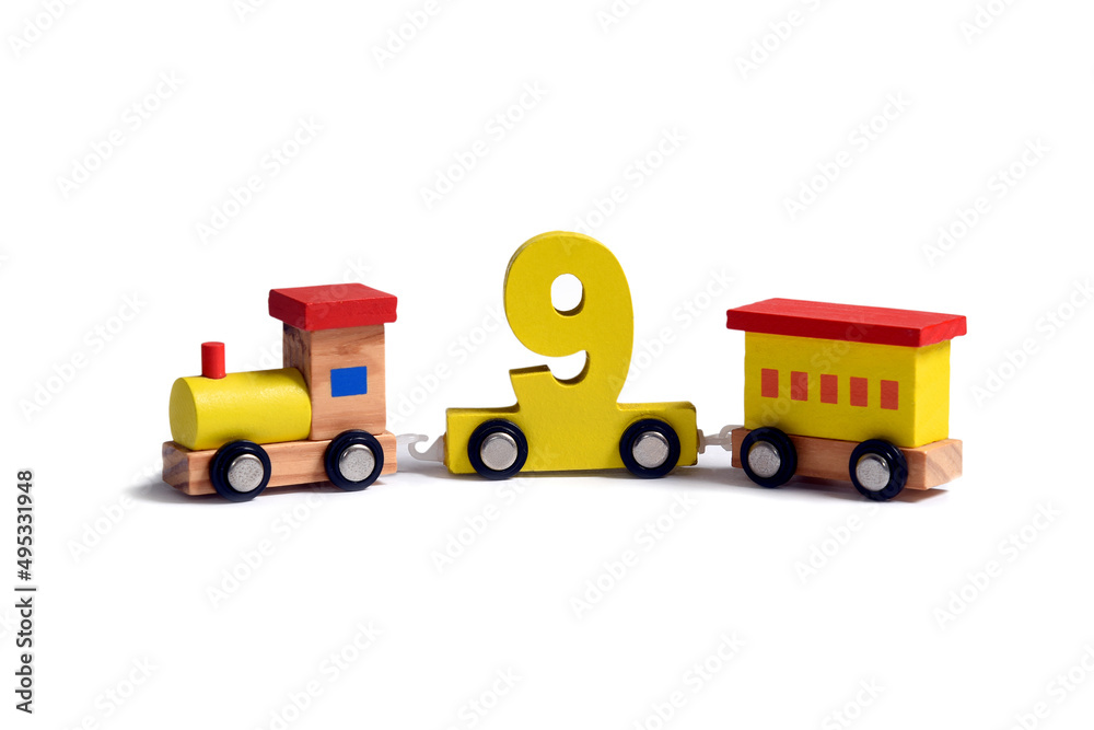 Very colorful toy wooden train with the number nine. Love and happiness birthday celebration, performance illustration, online educational toy. early learning