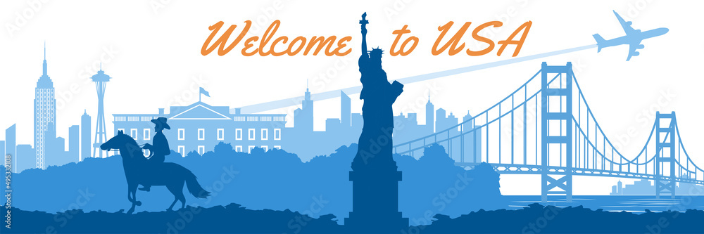 Naklejka premium main and famous of landmarks and symbol of usa near river,vector illustration