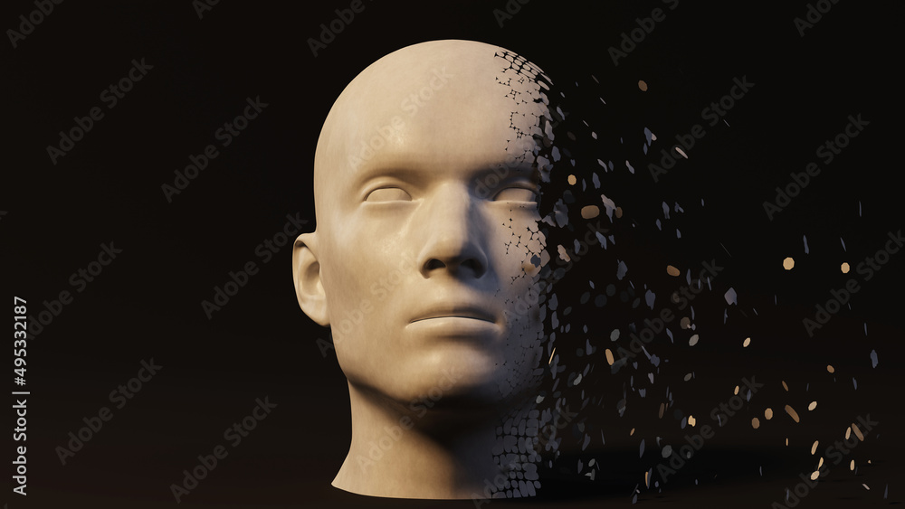 Male mannequin head abstract 3D render. Dark background, fading effect. Male mannequin head abstract 3D render. Dark background, fading effect.