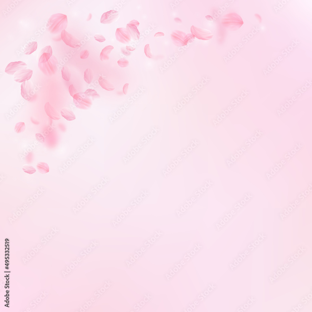 Sakura petals falling down. Romantic pink flowers corner. Flying petals on pink square background. Love, romance concept. Cute wedding invitation.