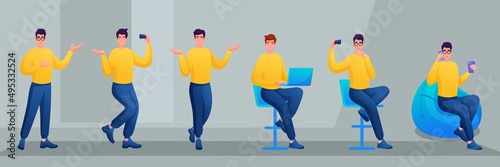 Collection of Teenagers in modern casual clothes. Variants of the movements. Young Specialist is Sitting on a Chair, Drinking Coffee, Talking on the Phone