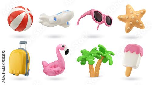 Summer 3d realistic render vector icon set. Inflatable ball, airplane, sunglasses, starfish, suitcase, flamingo, palm trees, ice cream © Natis