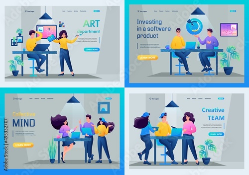 Set of landing pages. Creative department, conversation with an investor, collective intelligence, brainstorming, creative team. 2D characters
