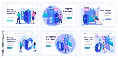 Set of landing pages about a healthy lifestyle. Isometric 3D and 2D illustrations. Group of people are testing a fitness bracelet. Speed, strength, pulse