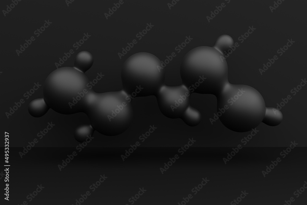 Particle system connected to each other. The concept of the connected black balls on a black background. Modern work, creative. 3D rendering, 3D illustration. Particle system connected to each other. The concept of the connected black balls on a black background. Modern work, creative. 3D rendering, 3D illustration.