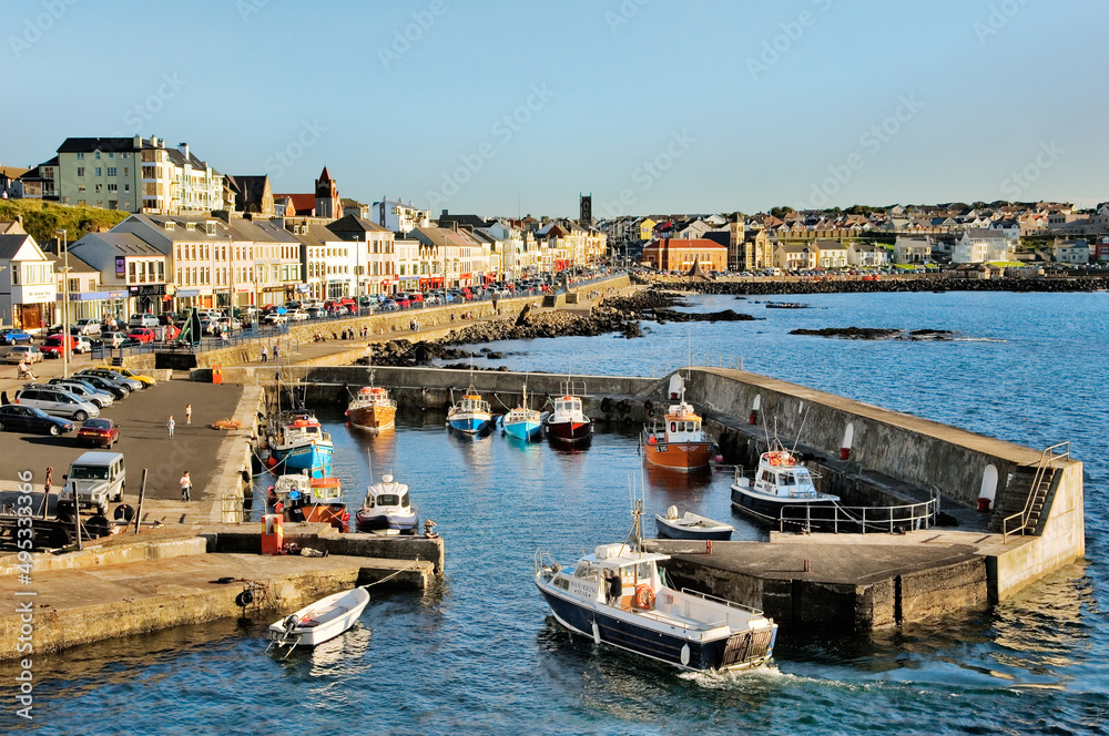 Portstewart fishing boat harbour and main street seafront, County Derry. 3 miles from Coleraine and Portrush, Northern Ireland.