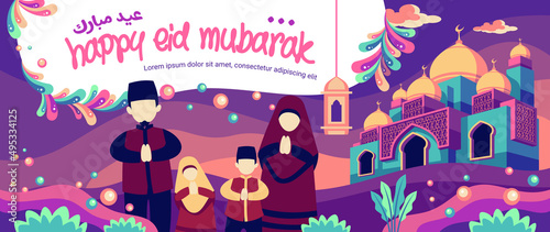 Full Color Parents And Children Illustration Happy Eid Mubarak Greeting Card Template