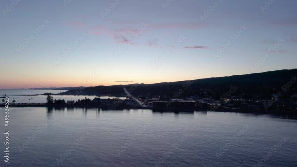 Drone aerial view of downtown Grand Marais, Minnesota in the fall at sunset Drone aerial view of downtown Grand Marais, Minnesota in the fall at sunset