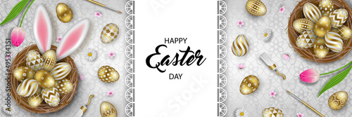 Easter banner with gold eggs in the nest and flowers
