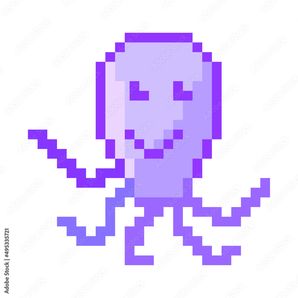 Cartoon pixel octopus for game design. Pixel art. Vintage nature graphic. Vector illustration. stock image.