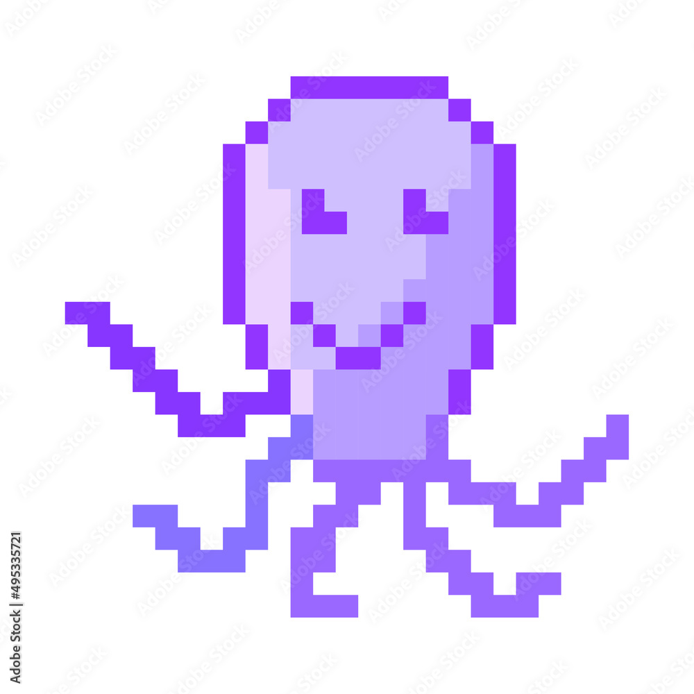 Cartoon pixel octopus for game design. Pixel art. Vintage nature graphic. Vector illustration. stock image. Cartoon pixel octopus for game design. Pixel art. Vintage nature graphic. Vector illustration. stock image.