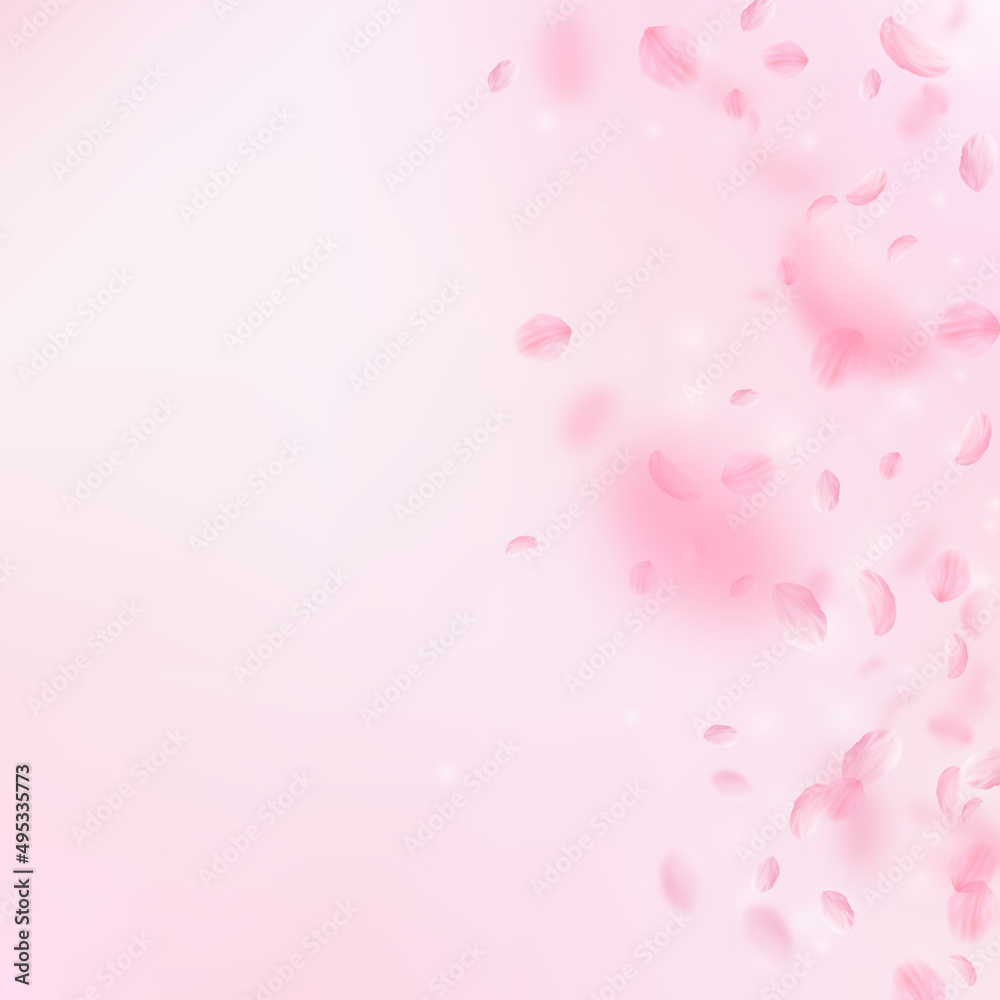 Sakura petals falling down. Romantic pink flowers gradient. Flying petals on pink square background. Love, romance concept. Alive wedding invitation.