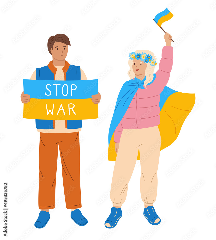 Stop war in Ukraine People at rally. Person hold flag, banner or poster no war. Couple young men and women take part political meeting. Protest, parade against warfare. Flat design illustration