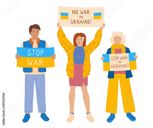 Stop war in Ukraine rally. People hold banner and poster no war. Young men and women together take part political meeting. Protest, parade against warfare set. Flat design illustration