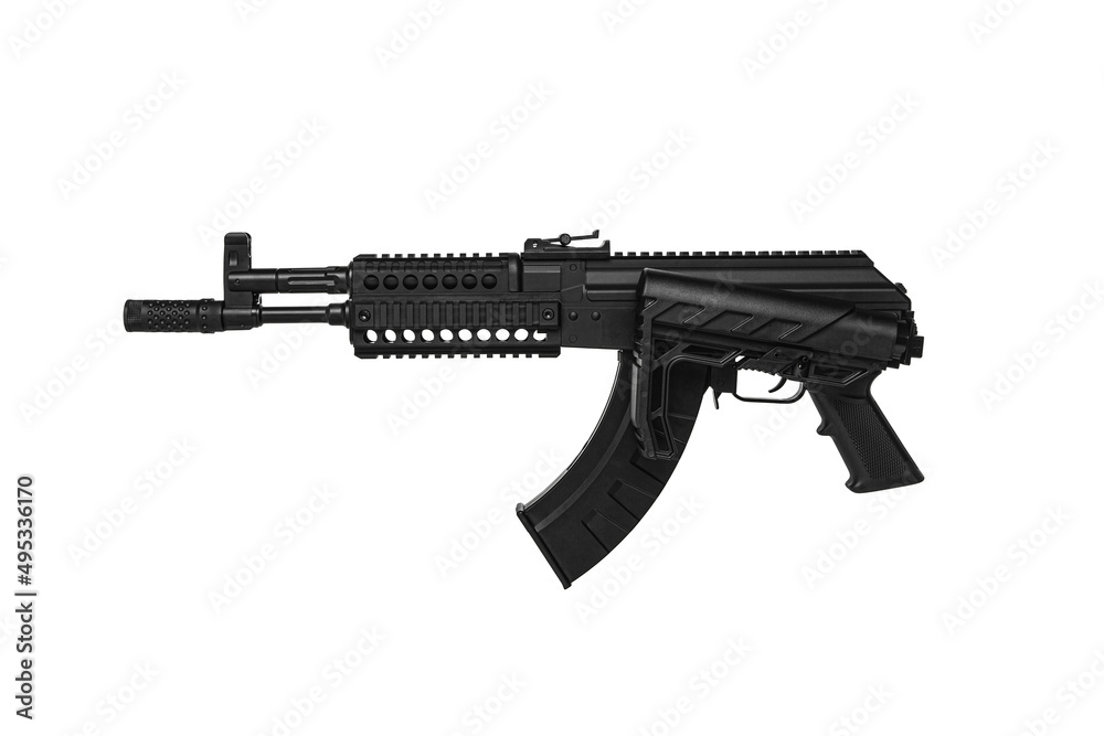 Modern automatic air soft carbine ak47. A classic USSR carbine in a modern body kit. Isolate on a white back. Modern automatic air soft carbine ak47. A classic USSR carbine in a modern body kit. Isolate on a white back.