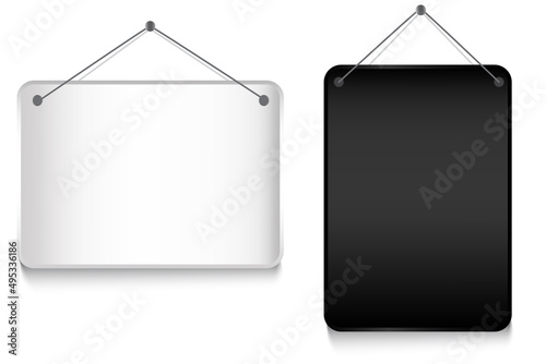 Black and gray metal plates hang. Banner design. Vector illustration. stock image.