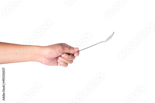 Hand holding and hand holding a spoon isolated on white background