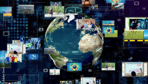 International broadcasting concept. Video distribution service. Streaming video. communication network. 
