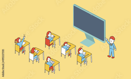 リモートでオンライン授業を受けるクラスメイトのイラスト