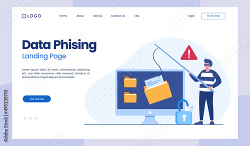 Phishing, Hacker Attack Concept. Hackers Stealing Personal Data. Internet Security with Tiny Character Insert Password on Website. Cartoon People Vector Illustration landing page