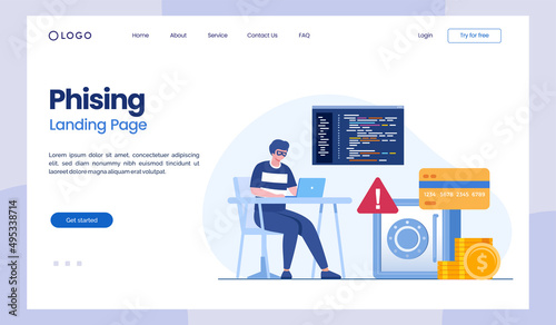 Phishing, Hacker Attack Concept. Hackers Stealing Personal Data. Internet Security with Tiny Character Insert Password on Website. Cartoon People Vector Illustration landing page